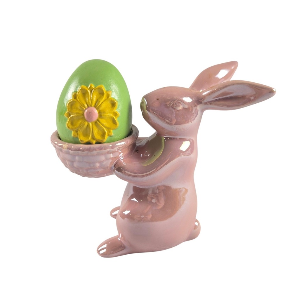 Pink Ceramic Easter Bunny Figurine Basket Green Floral Egg Spring Decor